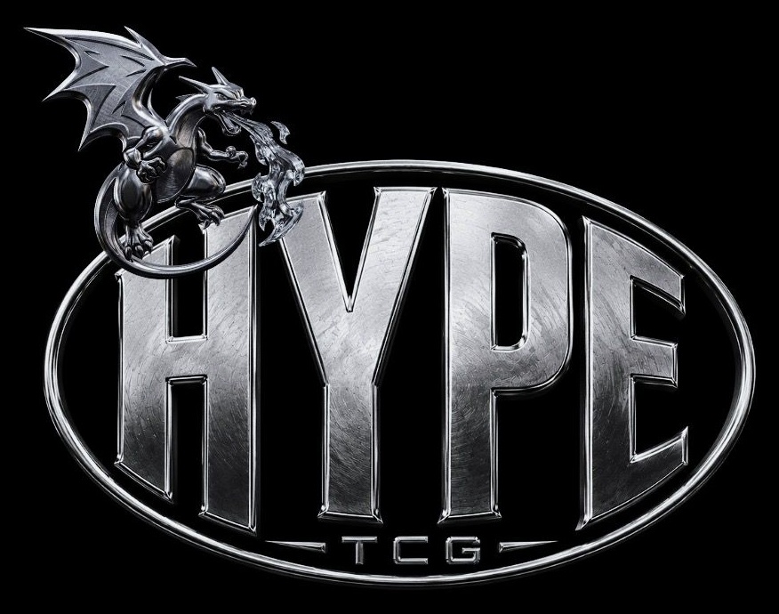 Logo hypetcg em metal prateado com um dragão sobre a palavra HYPE